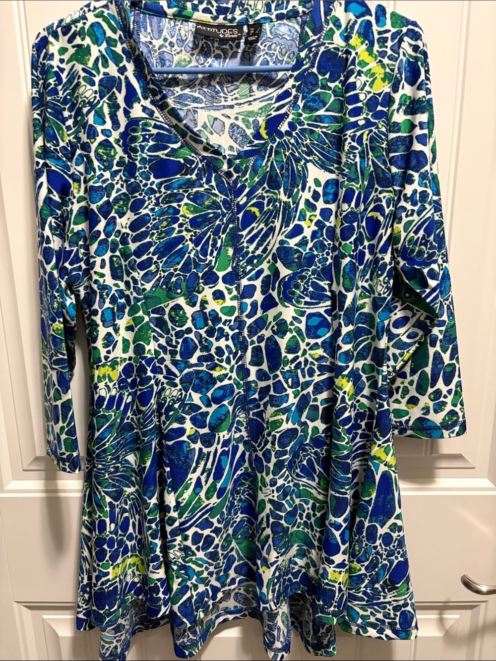 Attitudes by Renée L Butterfly Print High Low Tunic Top Blue Green
